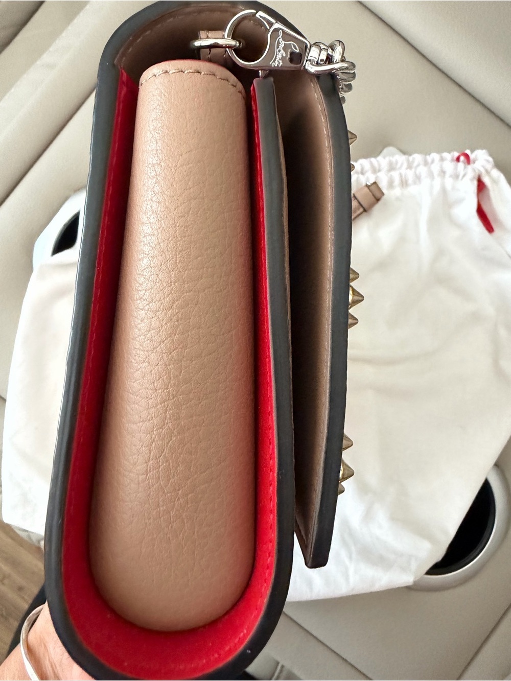 Christian Louboutin Taupe Pebbled Leather Studded Crossbody with Red Strap - Picture 7 of 7